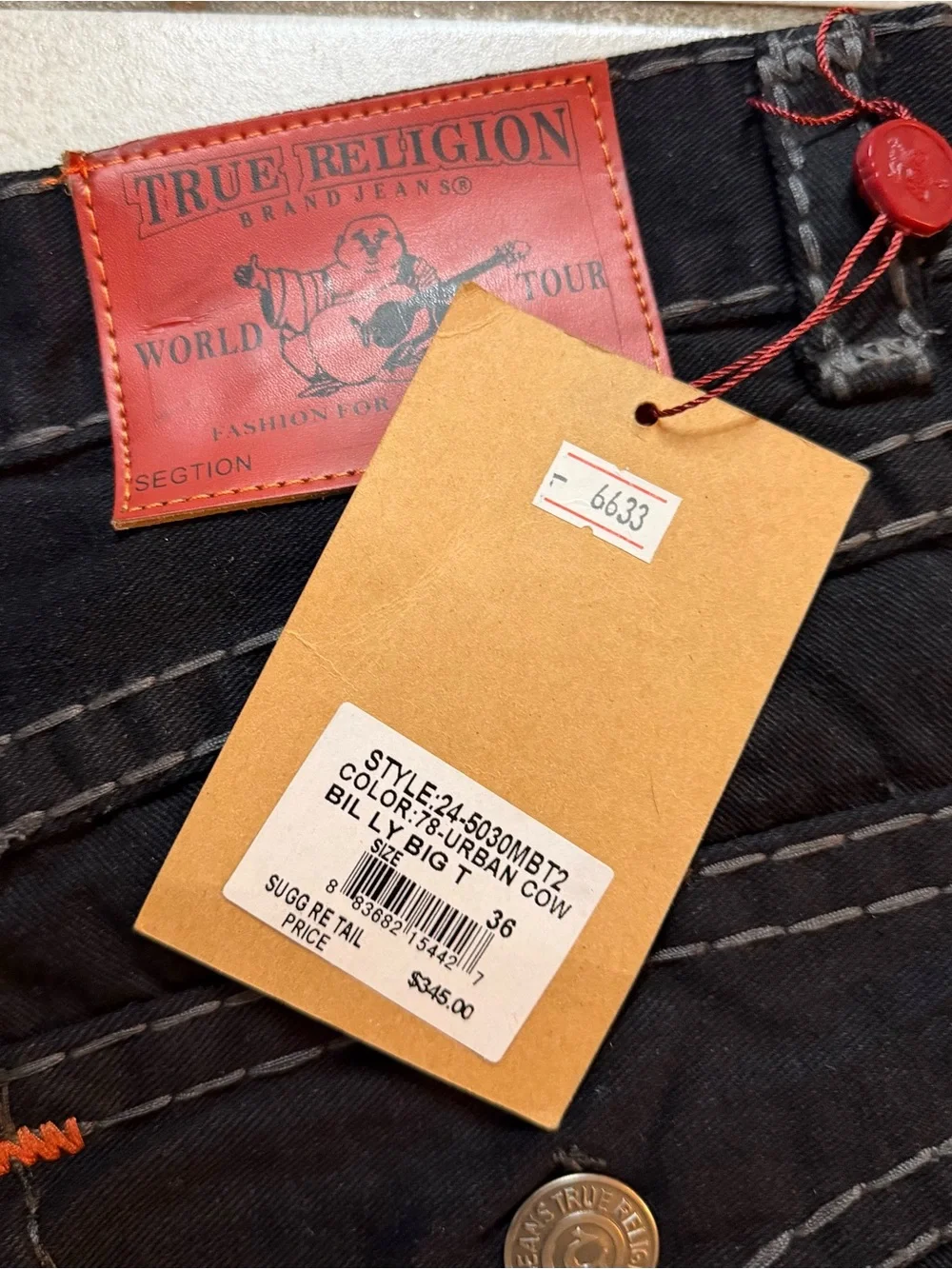 Men’s True Religion Billy Big T Dk Blk Flap Pockets 36x34 Bold Topstitching NWT